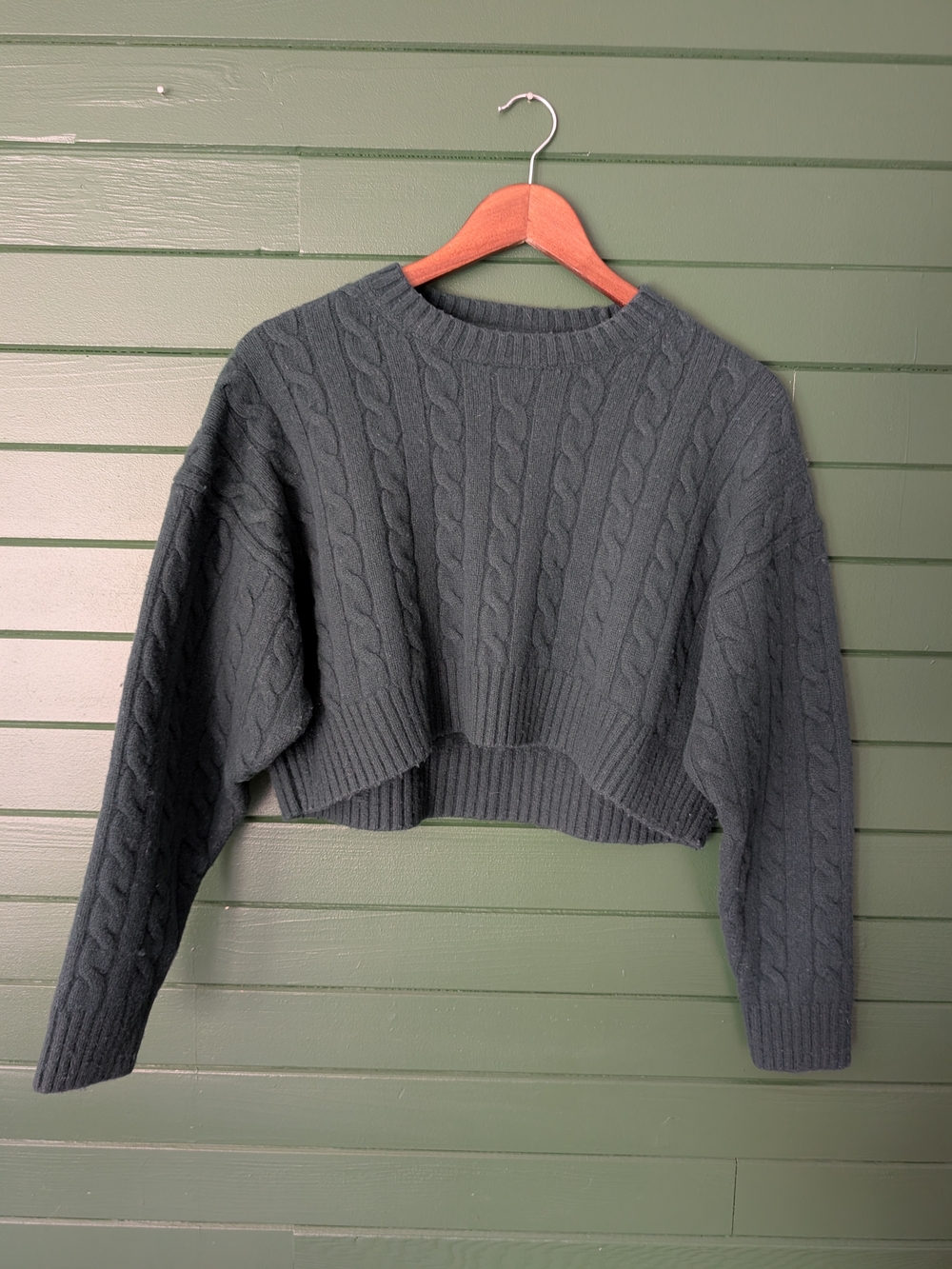 Sunday Best Cropped Green Cable Knit Wool/Cotton Sweater - Picture 2 of 5